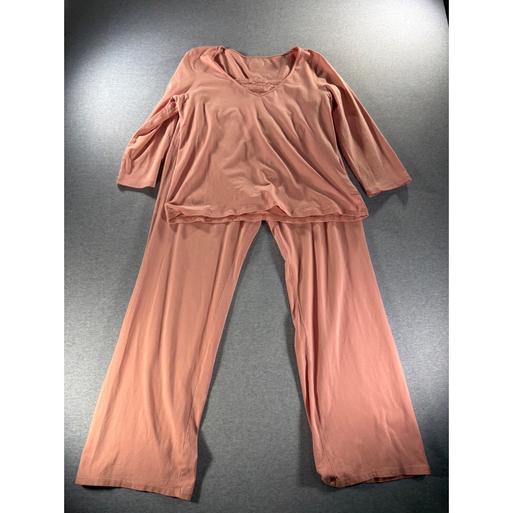 Garnet Hill Green Cotton Pajama Set Pink Lace Trim V-Neck Wide Leg Medium